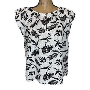 NWT Loft Botanical Eyelet Blouse White Black Cap Sleeve Cotton Medium Petite